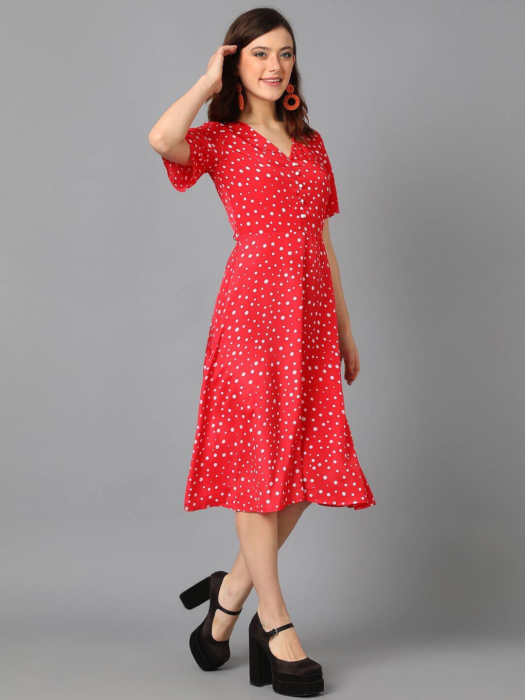 Kotty Red & White Abstract Printed A-Line Midi Dress