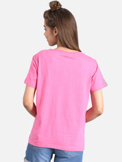 Kotty Women Pink & White Printed Round Neck T-shirt