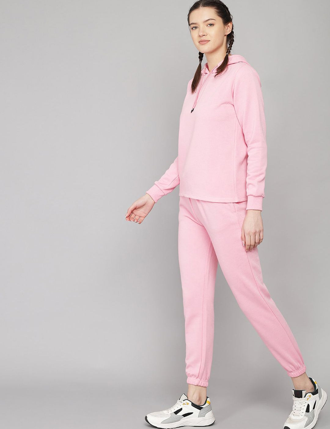 Kotty Women Pink Solid Hooded Sweatshirt and Sweatpants
