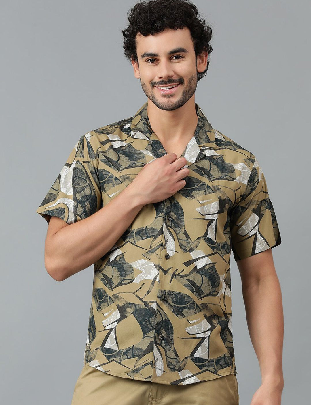 Kotty Men Cuban Collar Abstract Printed Casual Shirt