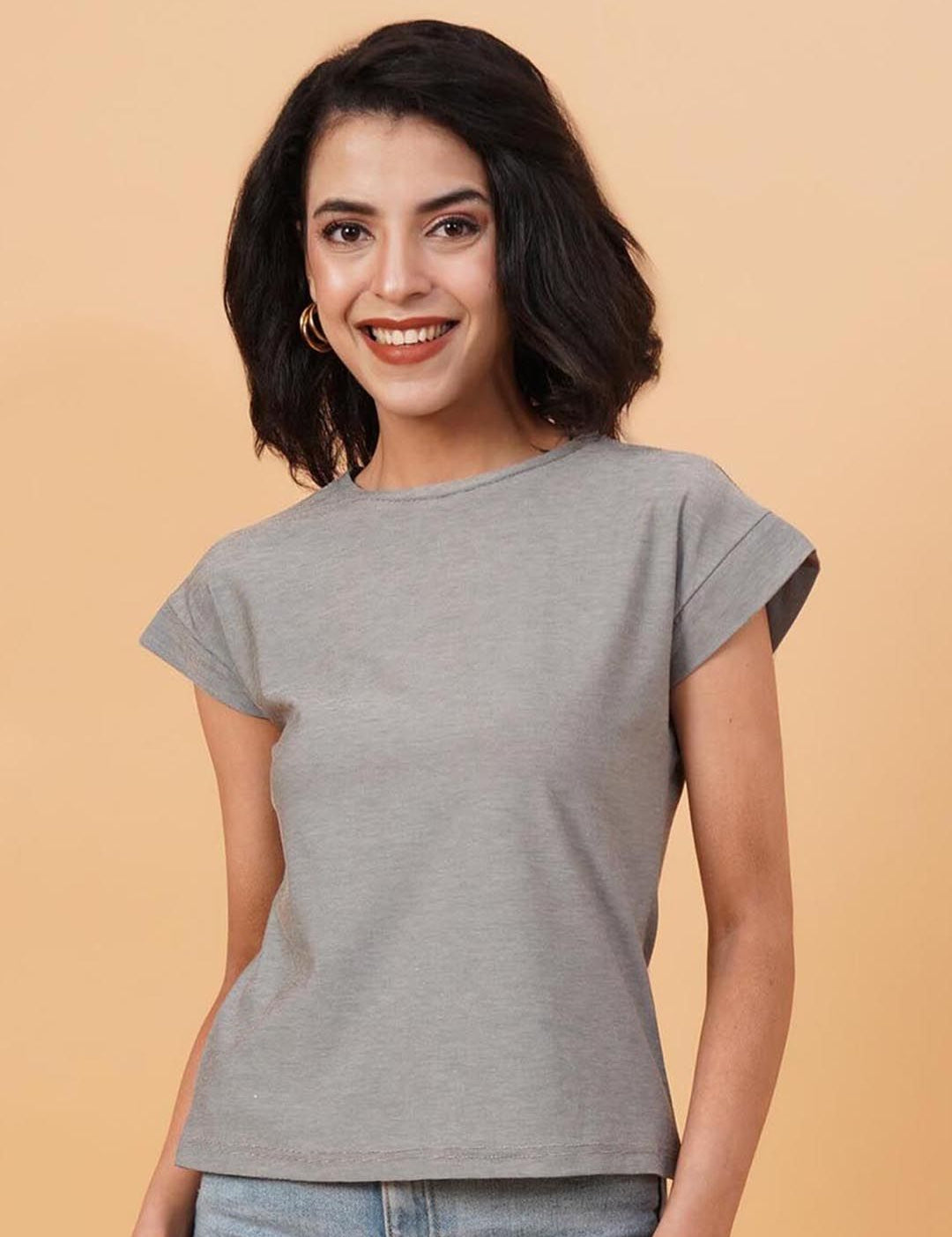 Kotty Grey Round Neck Cap Sleeves Regular T-shirt