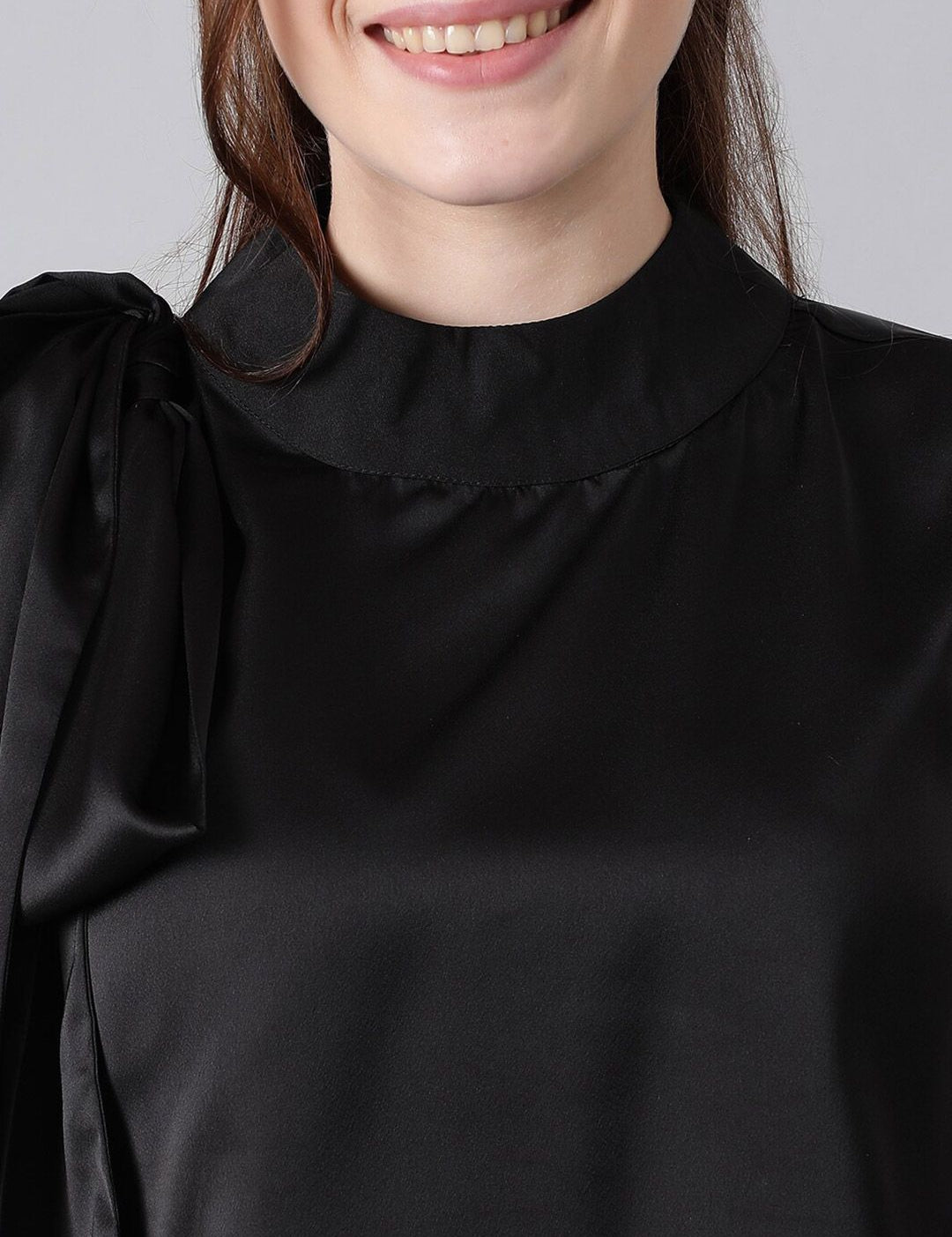 Kotty Black High Neck Sleeveless Tie-Ups Satin Top