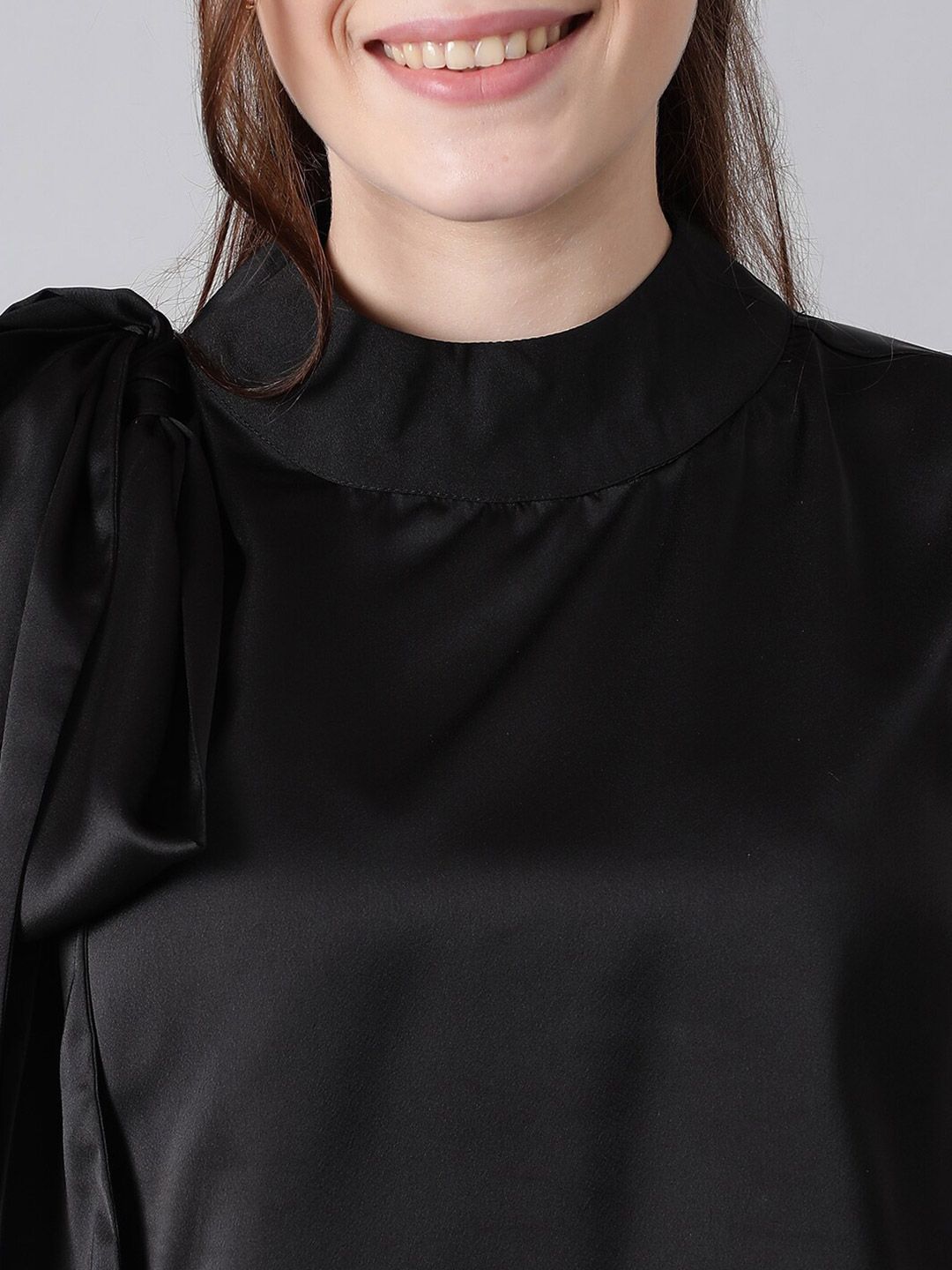 Kotty Black High Neck Sleeveless Tie-Ups Satin Top