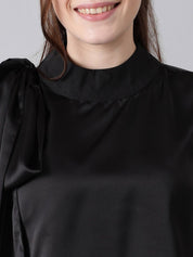 Kotty Black High Neck Sleeveless Tie-Ups Satin Top
