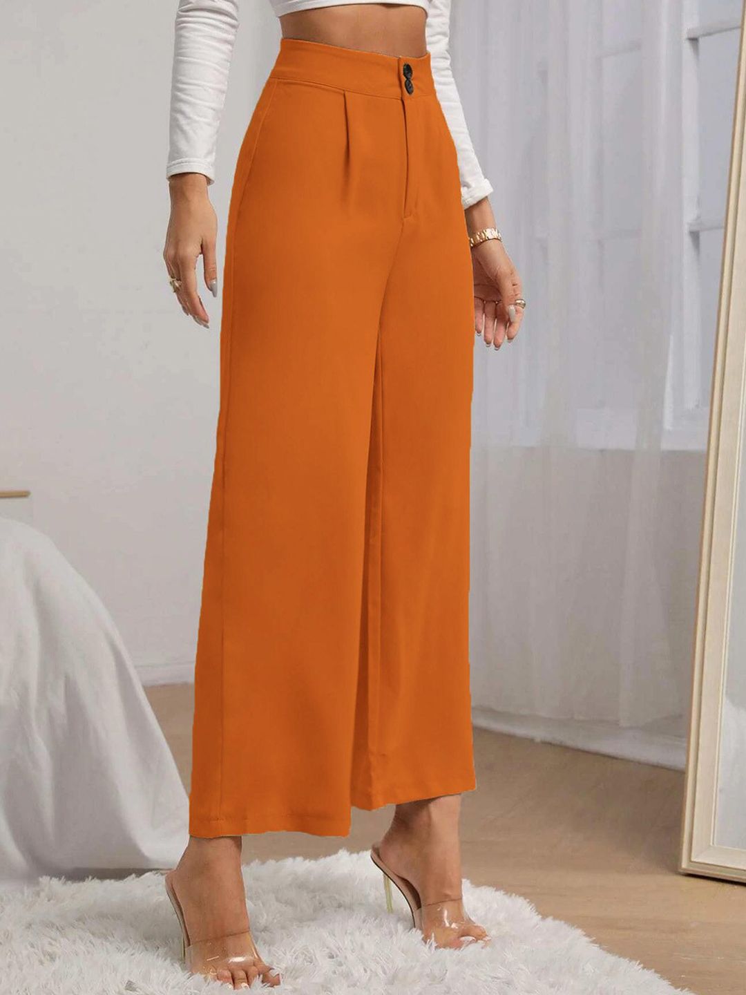 KOTTY BIZwear Women Yellow Relaxed Straight Fit High-Rise Easy Wash Pleated Trousers