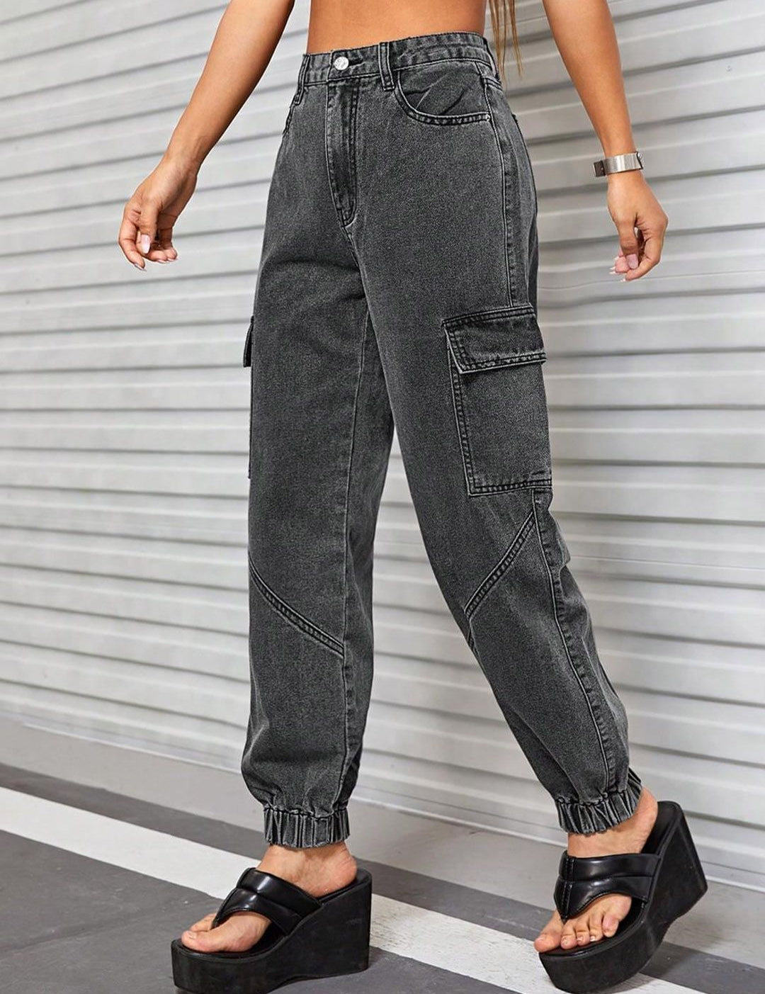 Kotty Women Jean High-Rise Light Fade Stretchable Cargo Jogger