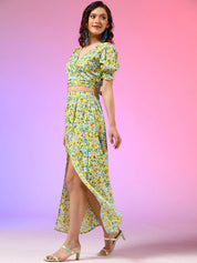 Kotty Yellow Floral Printed V-Neck Top With Skirt