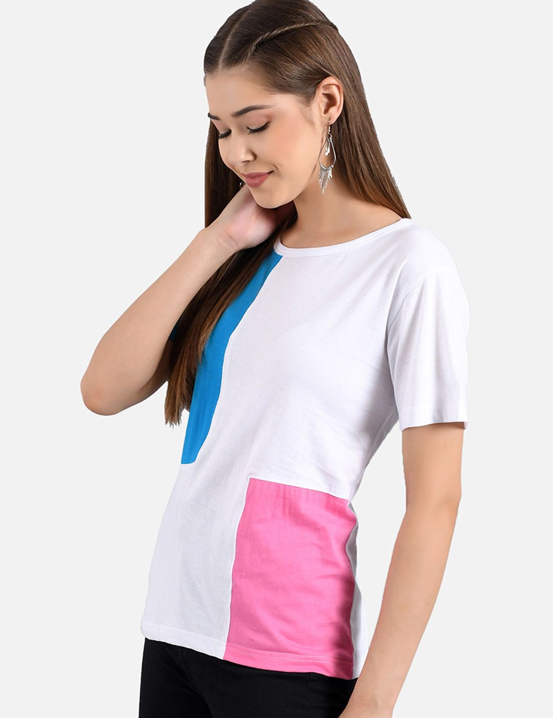 Kotty Women White & Blue Colourblocked T-shirt