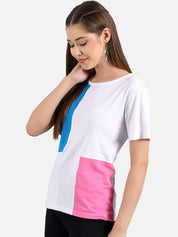Kotty Women White & Blue Colourblocked T-shirt