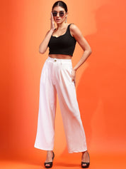 Kotty Women Solid Relaxed Straight Fit Mid-Rise Pleated Parallel Trousers