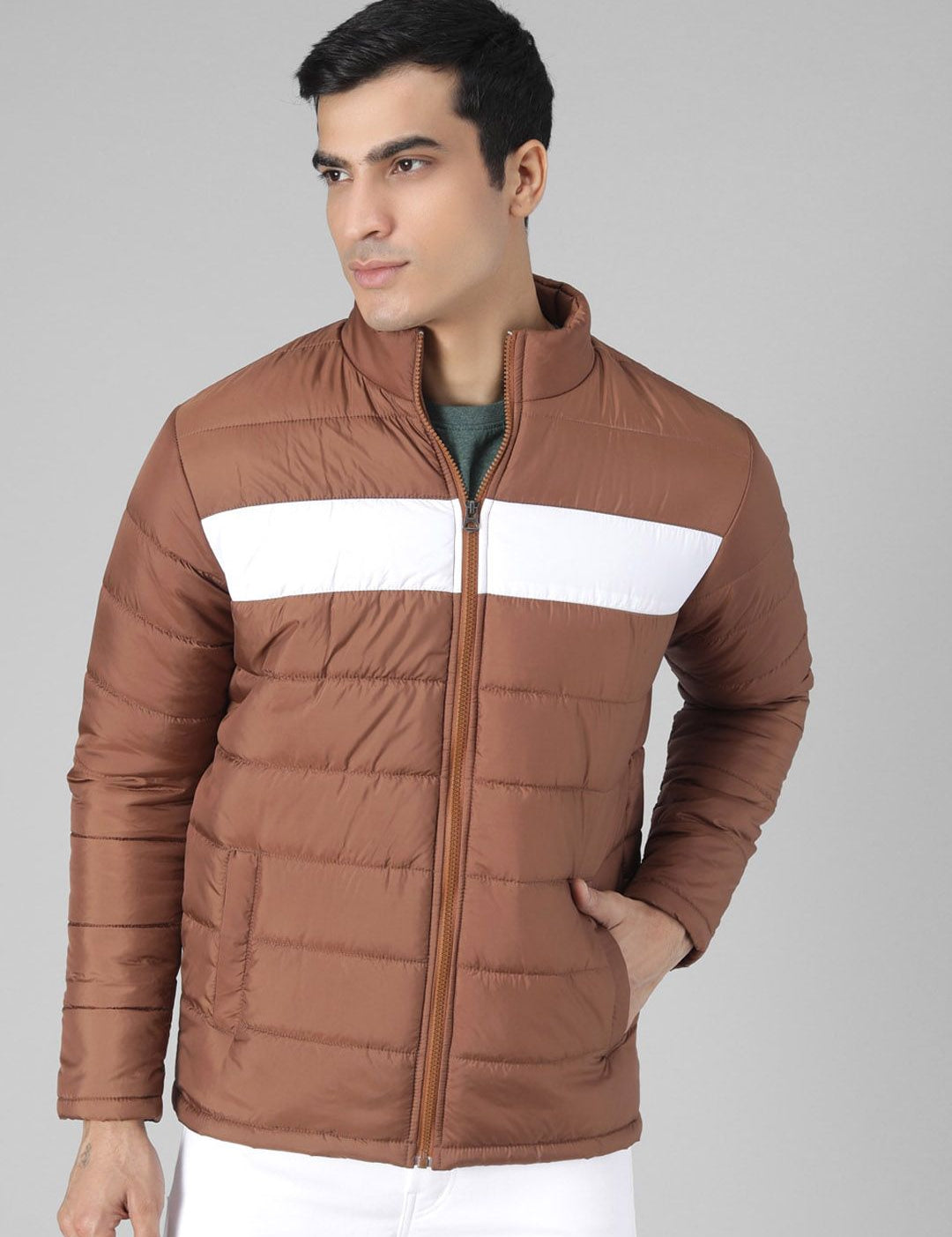 Kotty Men Brown & White Colourblocked Puffer Jacket