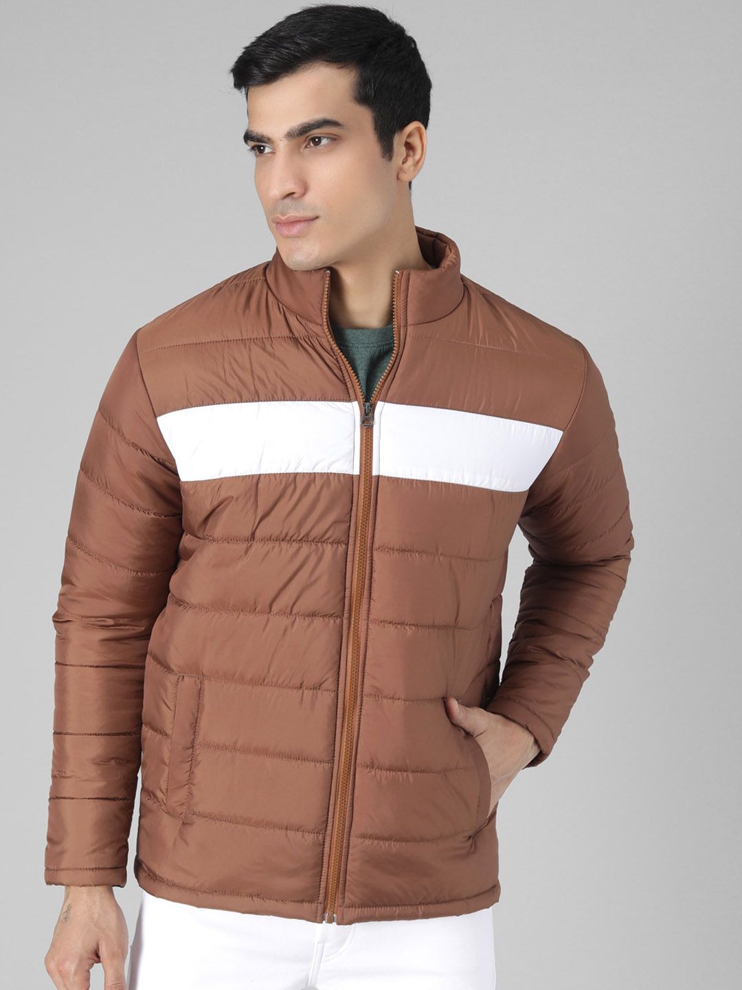 Kotty Men Brown & White Colourblocked Puffer Jacket