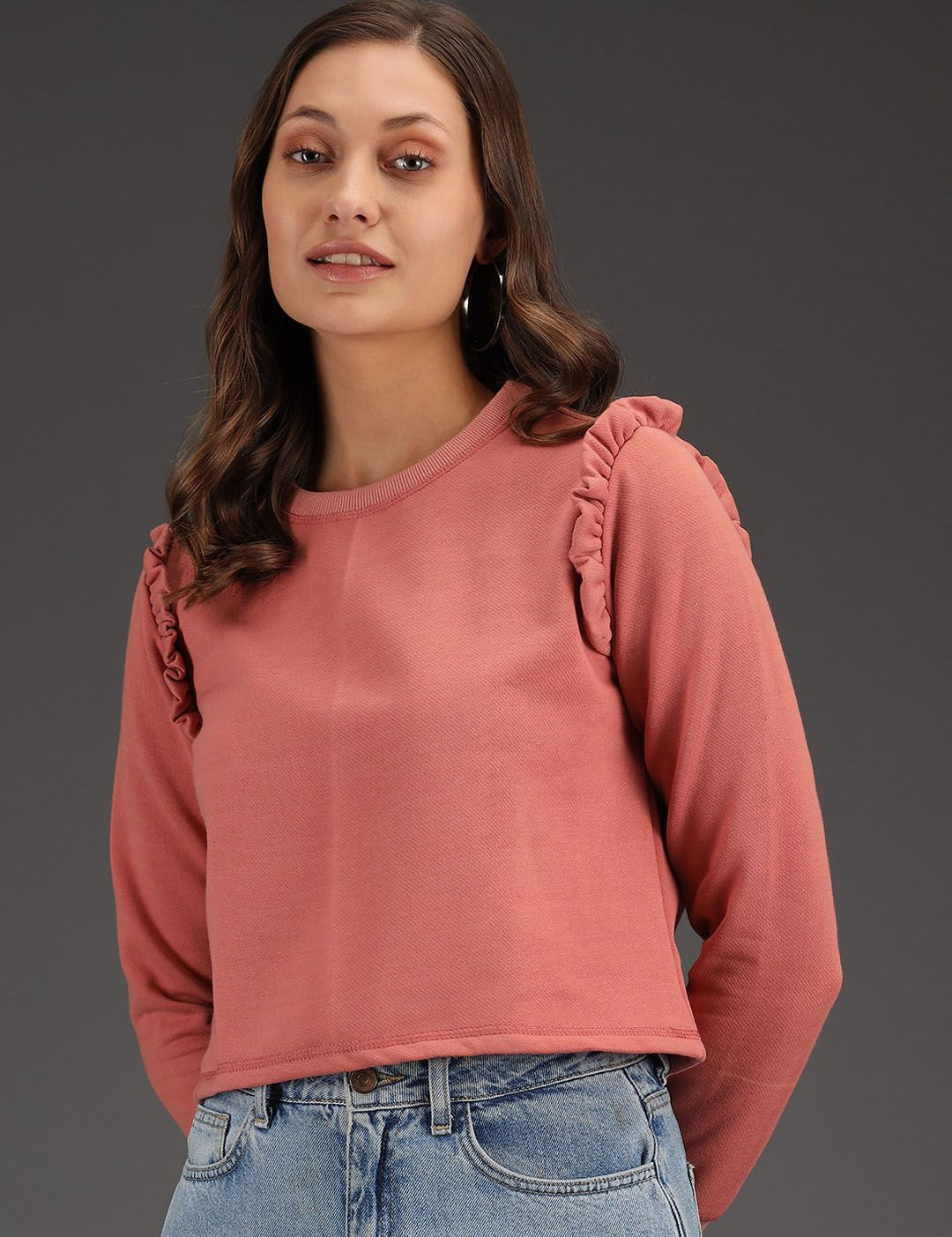 Kotty Women Pink Solid Crop Sweatshirt