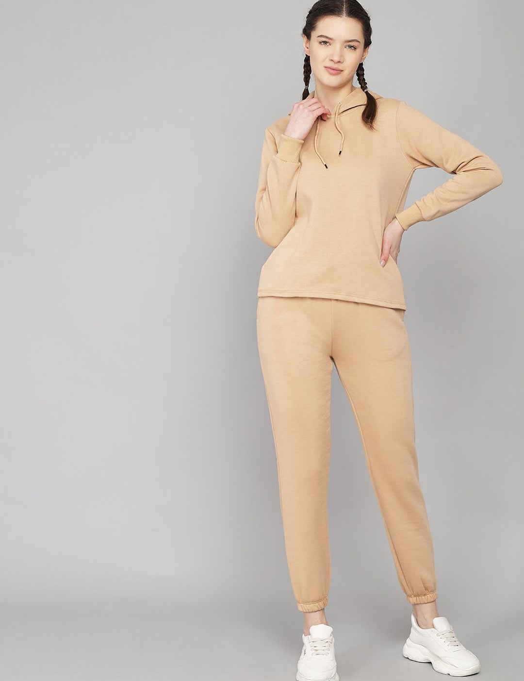 Kotty Women Beige Solid Sweatshirt With Sweatpant