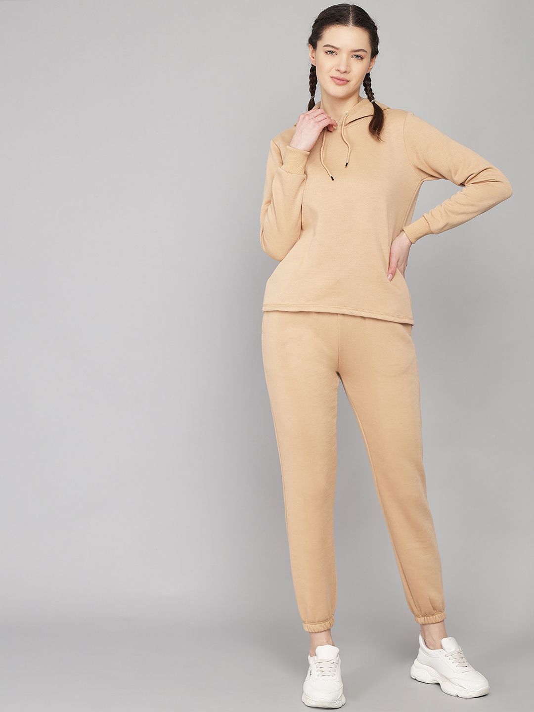 Kotty Women Beige Solid Sweatshirt With Sweatpant