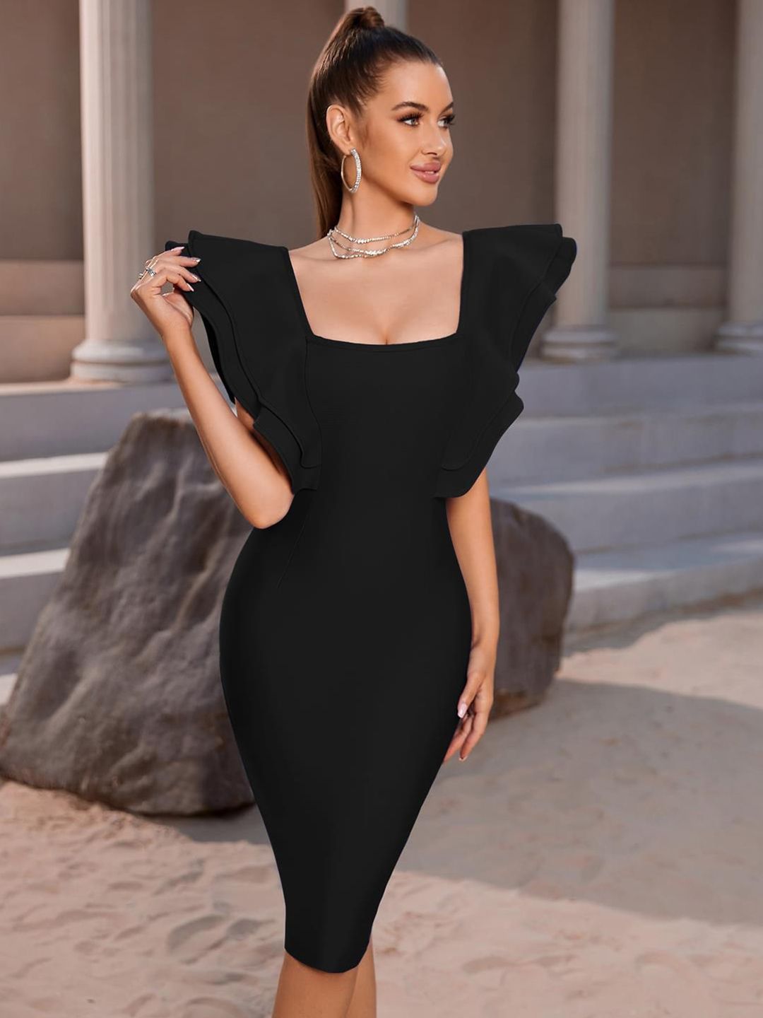 Kotty Black Square Neck Flutter Sleeves Bodycon Dress