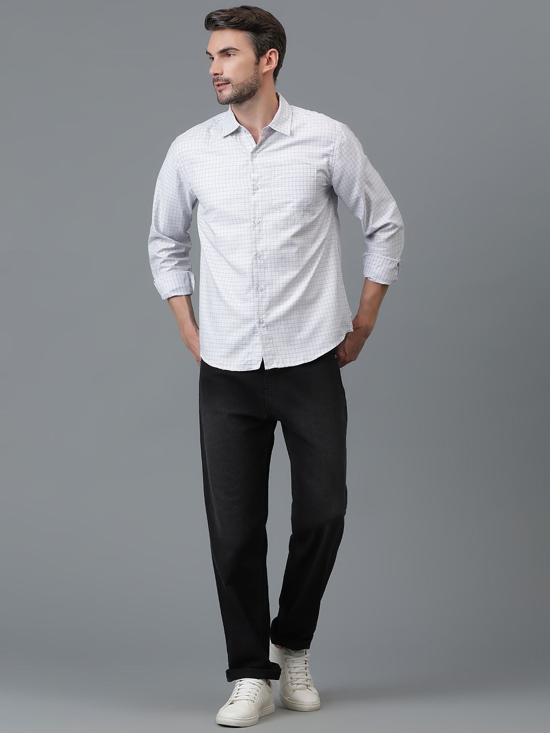 Kotty New White & Grey Gingham Checks Printed Casual Shirt