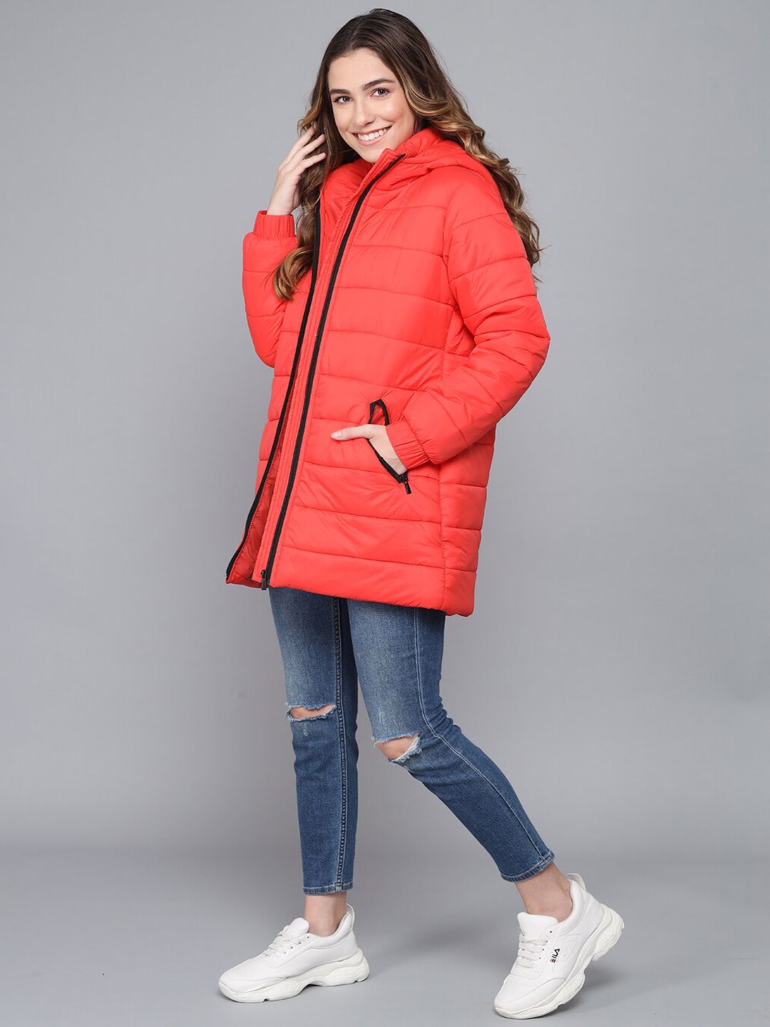 Kotty Women Orange Longline Outdoor Puffer Jacket