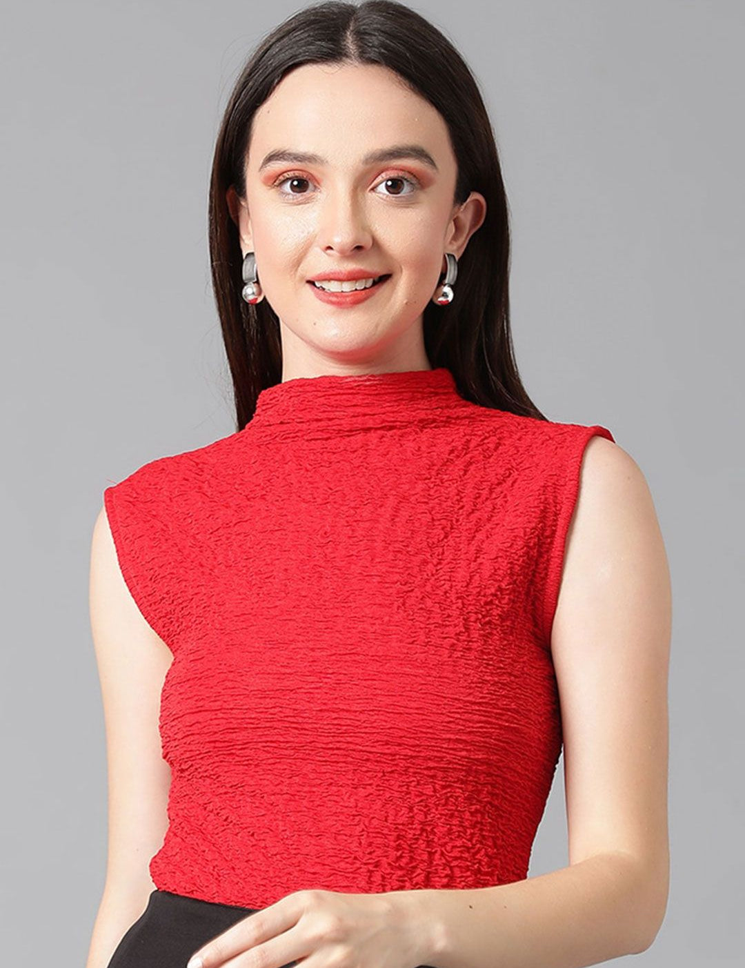 Kotty High Neck Self Design Satin Crop Top