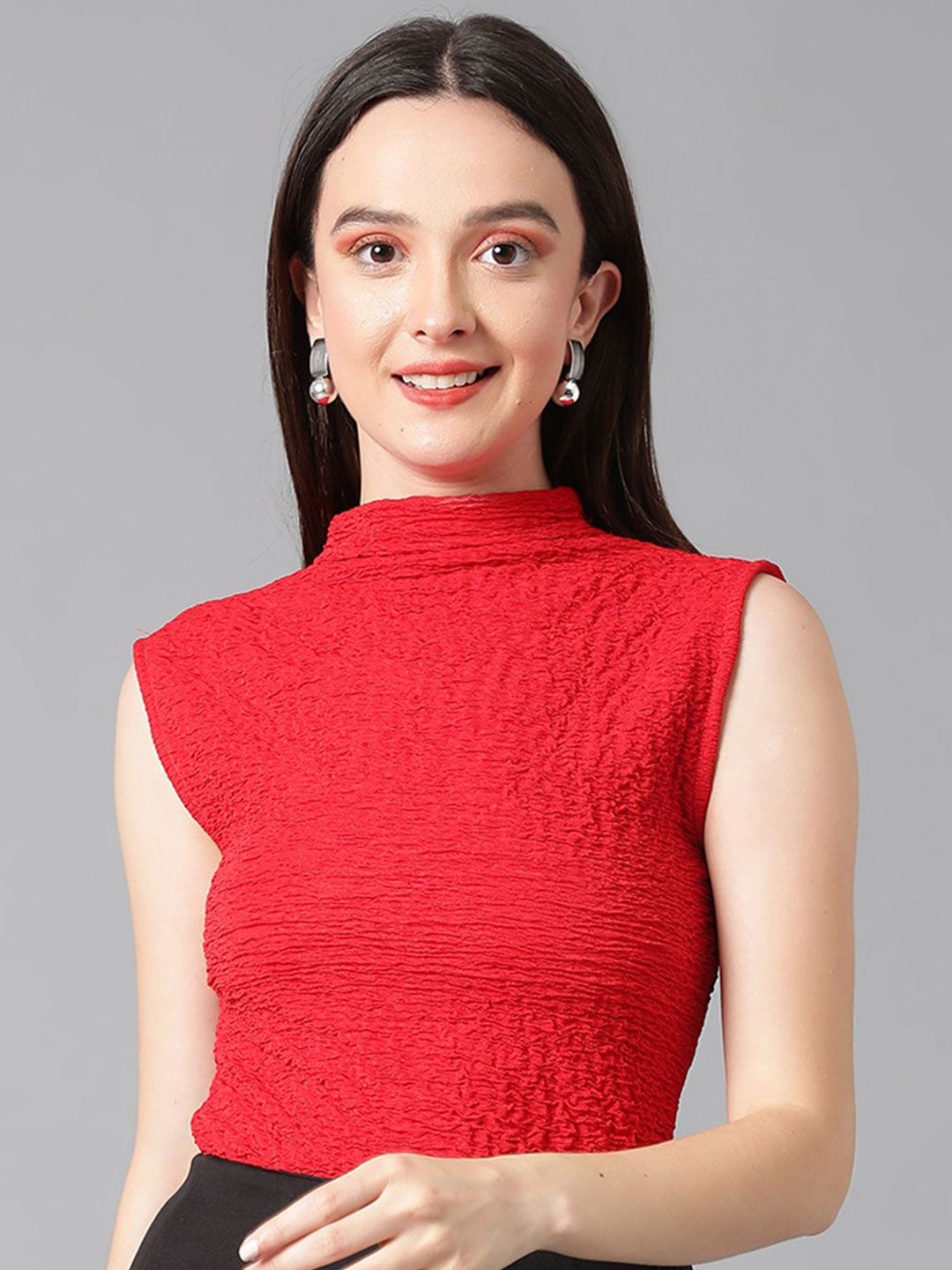 Kotty High Neck Self Design Satin Crop Top