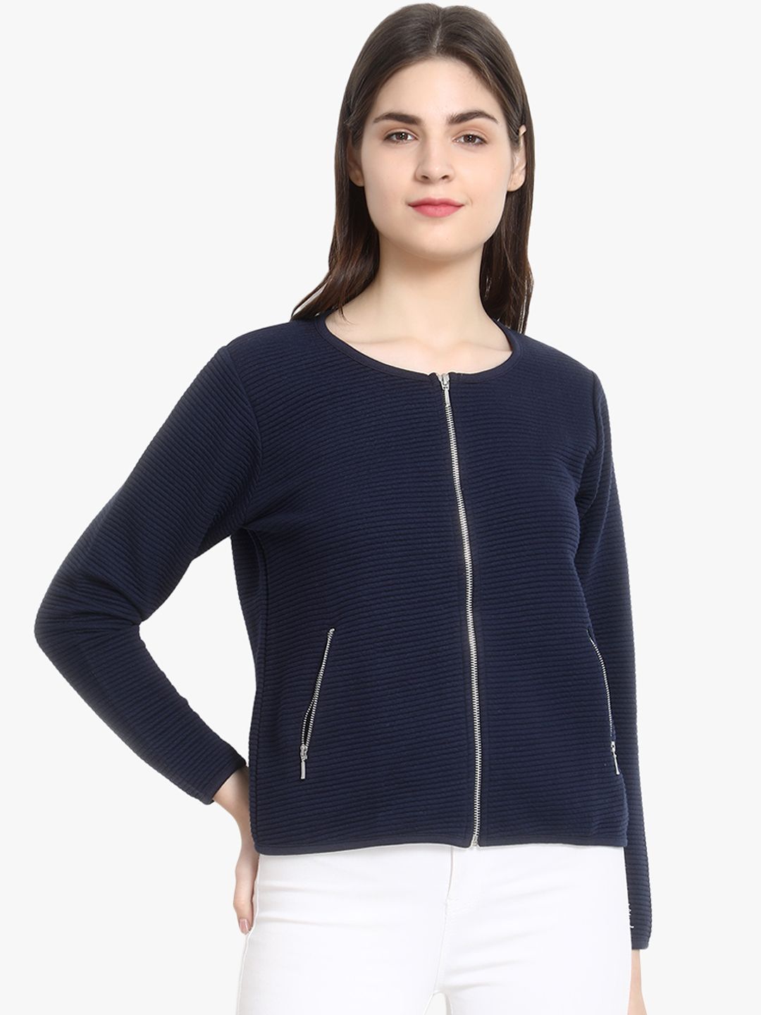 Kotty Women Navy Blue Self Design Lightweight Tailored Jacket