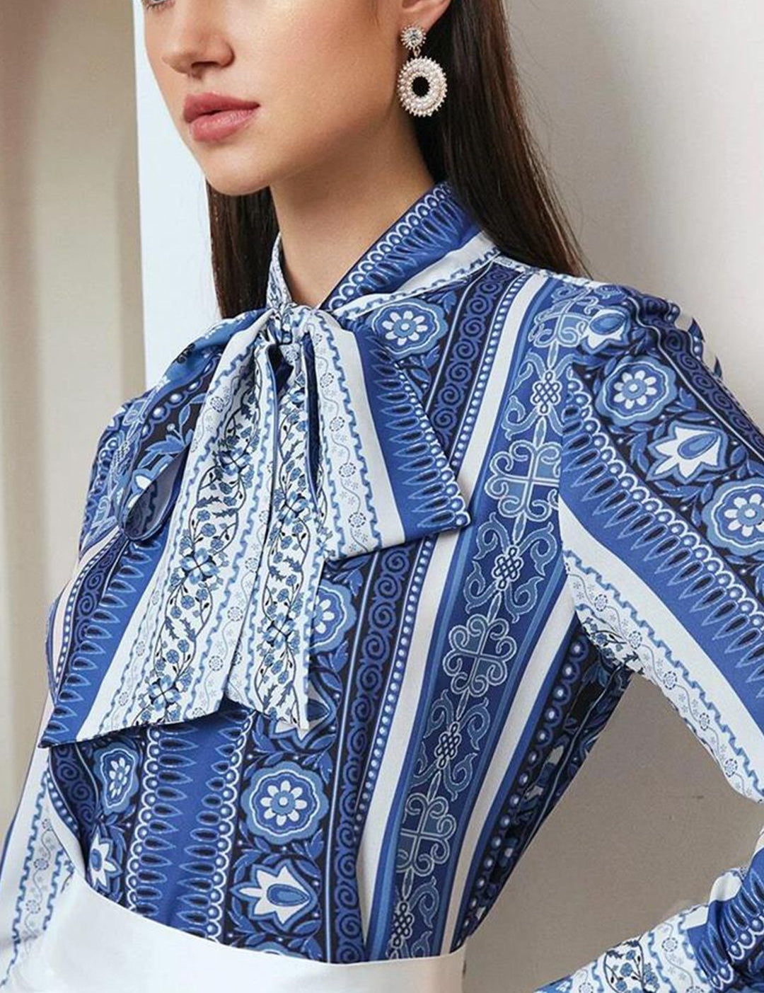 Kotty Ethnic Motifs Printed Tie-Up Neck Satin Shirt Style Top
