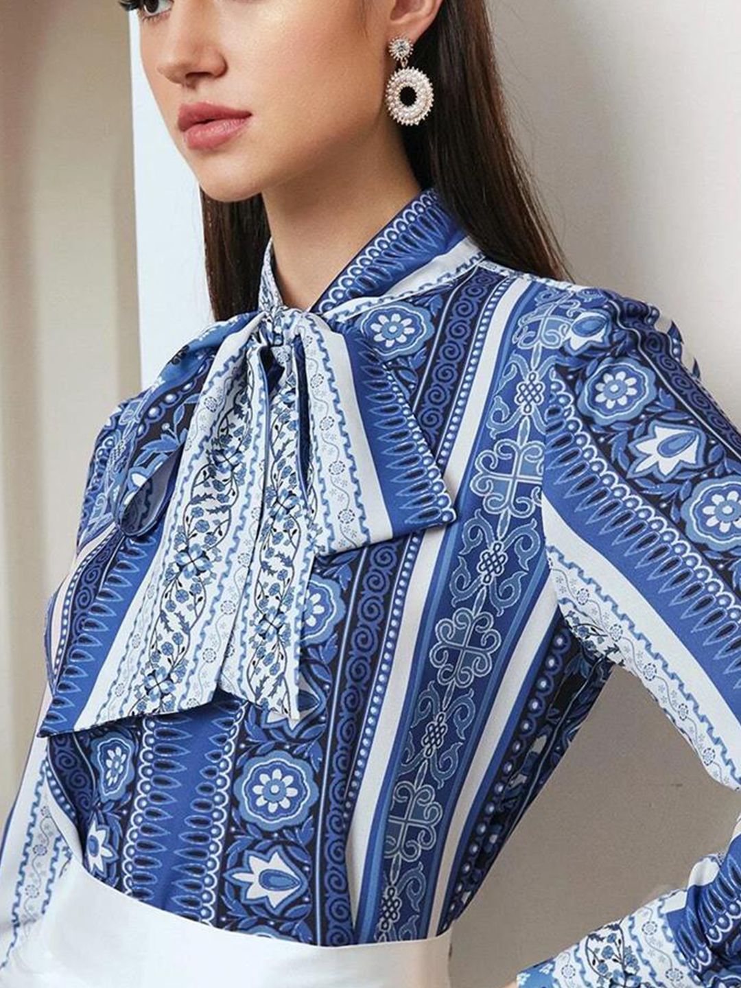 Kotty Ethnic Motifs Printed Tie-Up Neck Satin Shirt Style Top