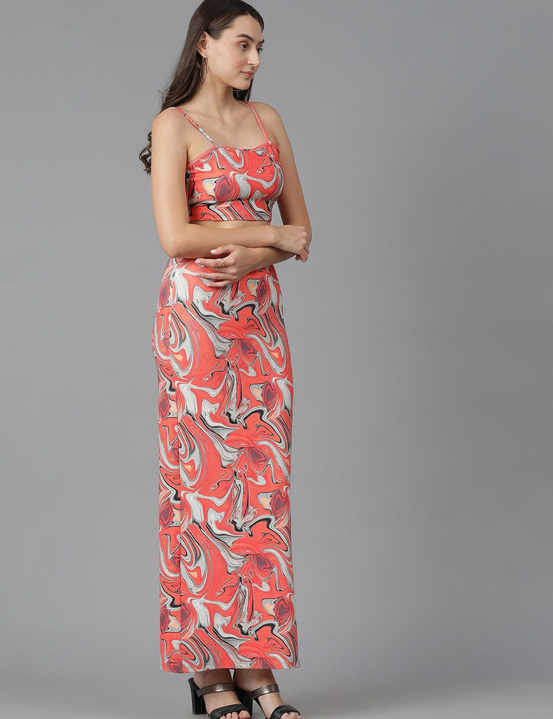 Kotty Abstract Printed Shoulder Straps Sleeveless Top And Skirt