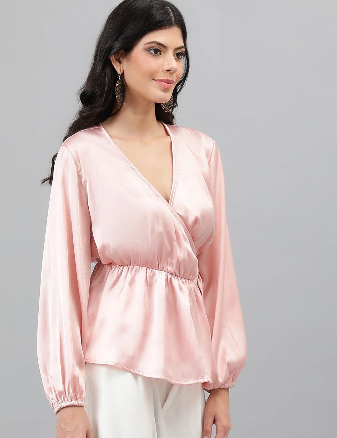 Kotty Pink Cuffed Sleeve Satin Wrap Waist Top