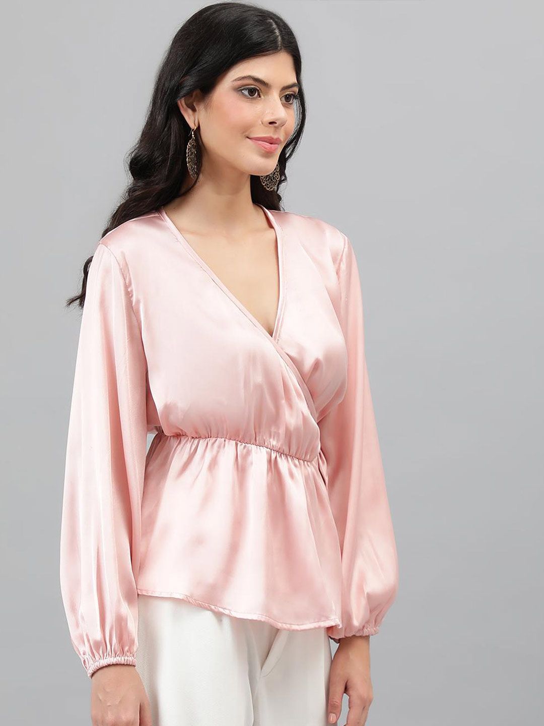Kotty Pink Cuffed Sleeve Satin Wrap Waist Top