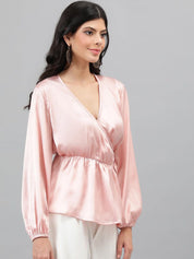 Kotty Pink Cuffed Sleeve Satin Wrap Waist Top