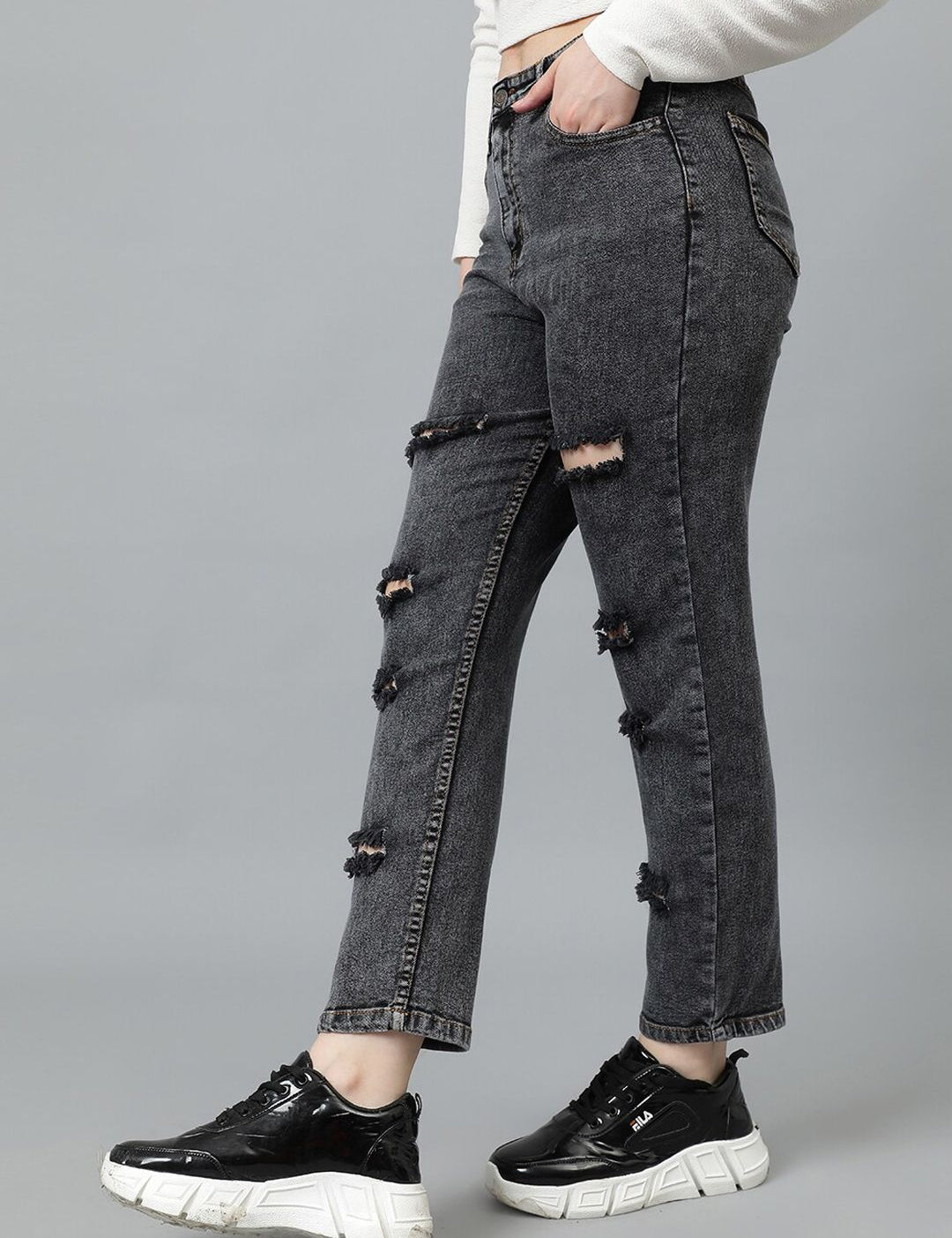 Kotty Women Grey Jean High-Rise Highly Distressed Stretchable Jeans