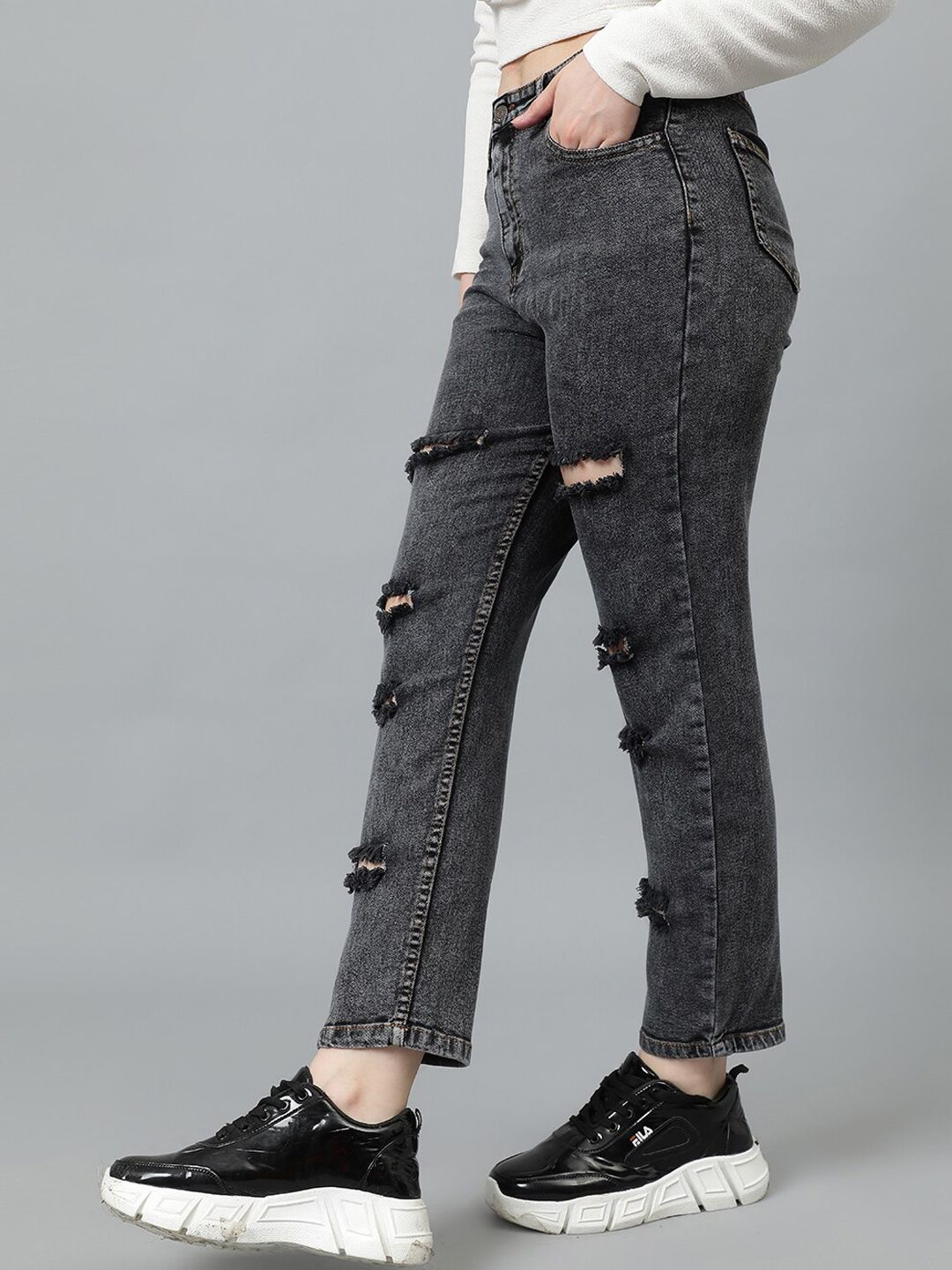 Kotty Women Grey Jean High-Rise Highly Distressed Stretchable Jeans