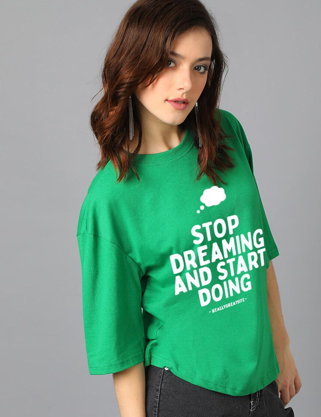 Kotty Green Typography Printed Drop-Shoulder Sleeves Oversized T-shirt