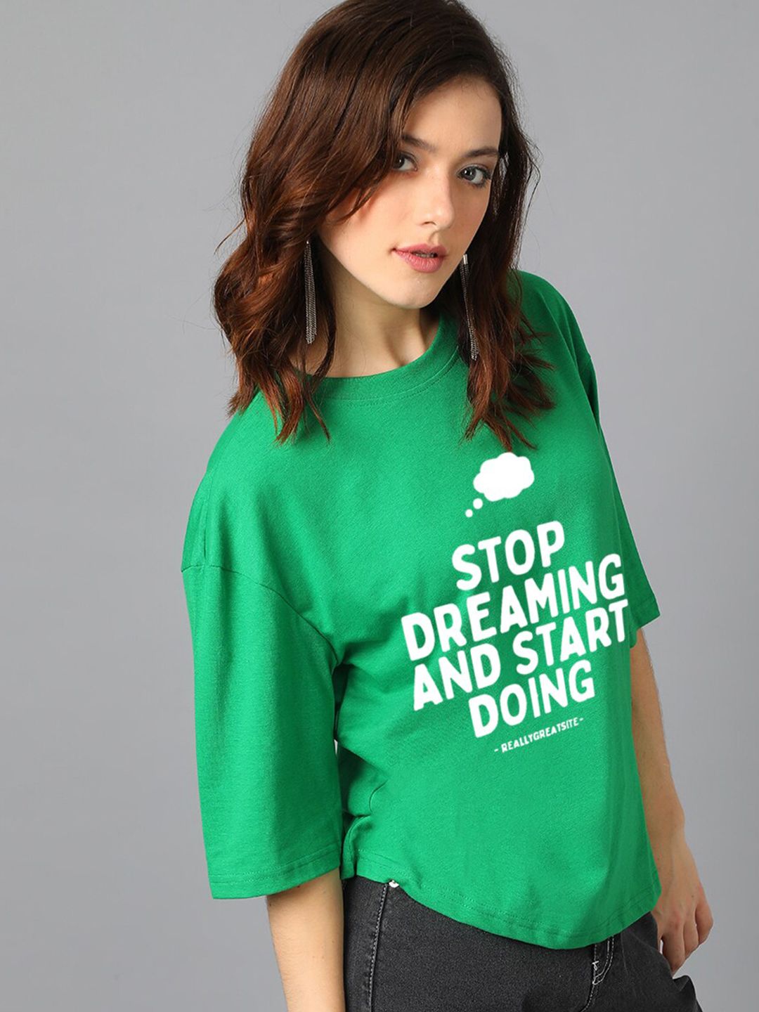 Kotty Green Typography Printed Drop-Shoulder Sleeves Oversized T-shirt