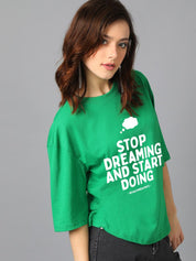 Kotty Green Typography Printed Drop-Shoulder Sleeves Oversized T-shirt