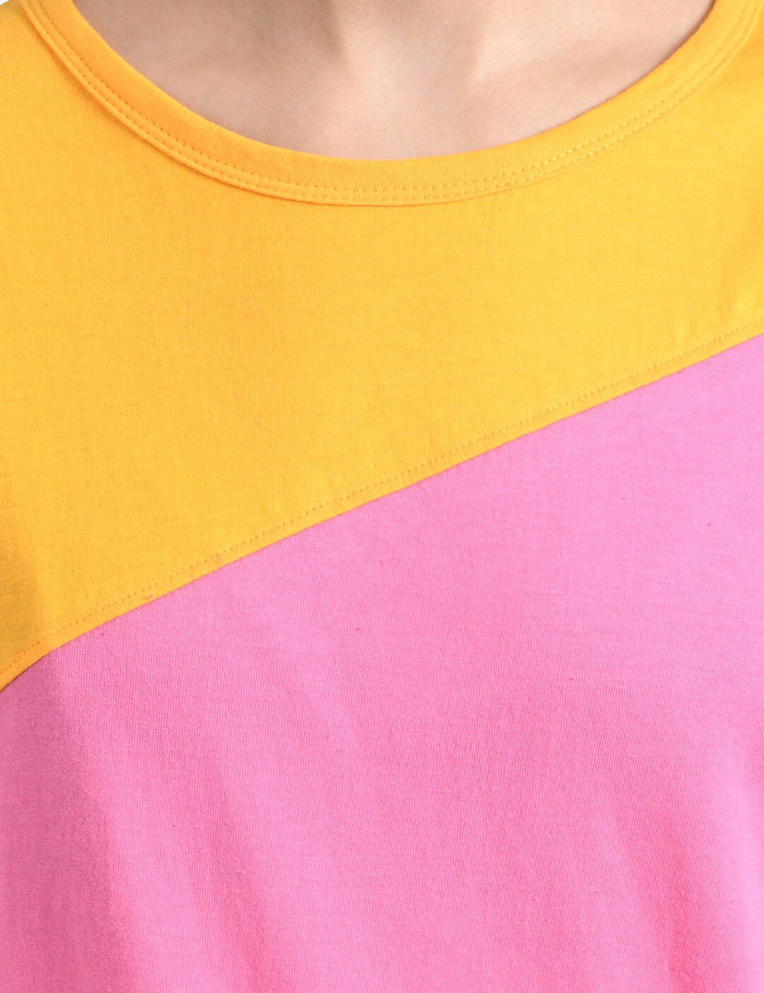 Kotty Women Pink & Mustard Yellow Colourblocked Round Neck T-shirt
