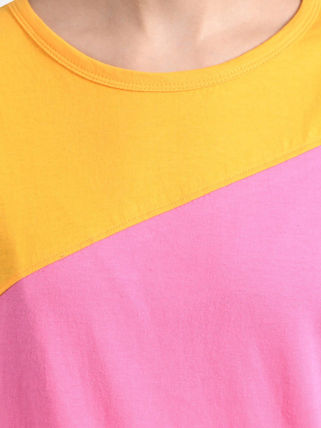 Kotty Women Pink & Mustard Yellow Colourblocked Round Neck T-shirt