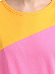 Kotty Women Pink & Mustard Yellow Colourblocked Round Neck T-shirt