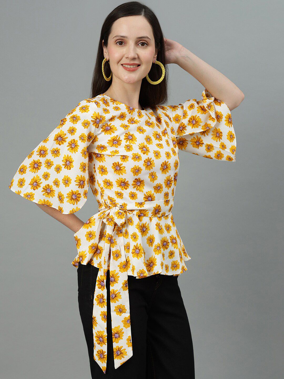 Kotty White & Yellow Floral Printed Flared Sleeves Peplum Top