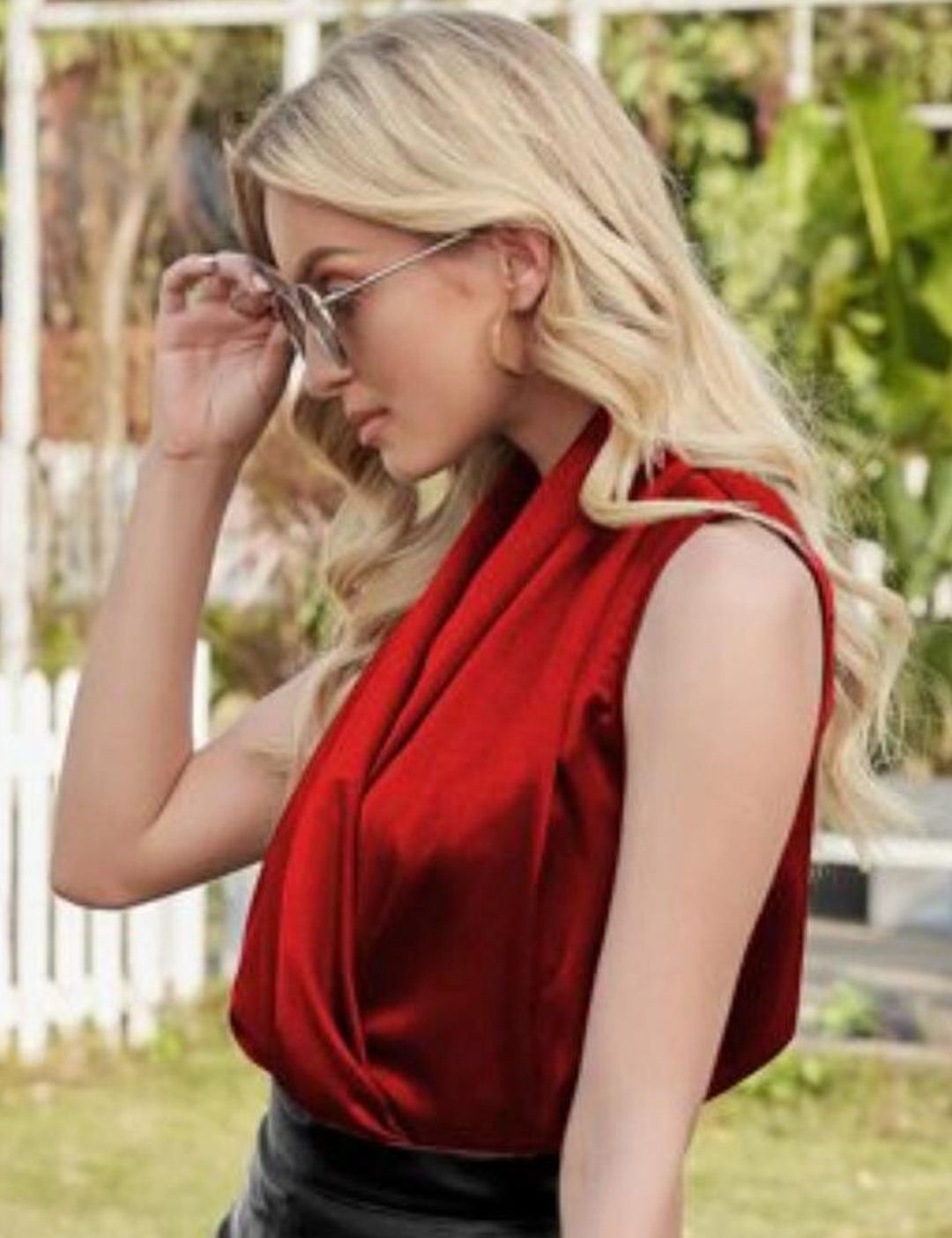 Kotty Red V-Neck Sleeveless Satin Wrap Top