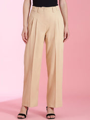Kotty Women Solid Straight Fit Mid-Rise Pleated Parallel Trousers