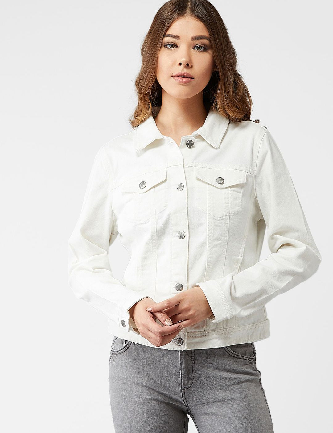 Kotty Women White Solid Denim Jacket