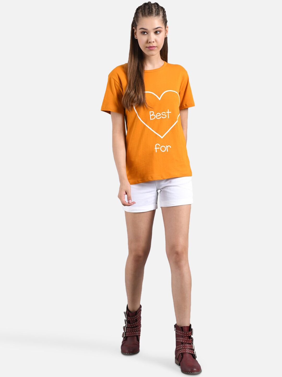 Kotty Orange & White Graphic Printed Round Neck Regular Fit Cotton Casual T-Shirt