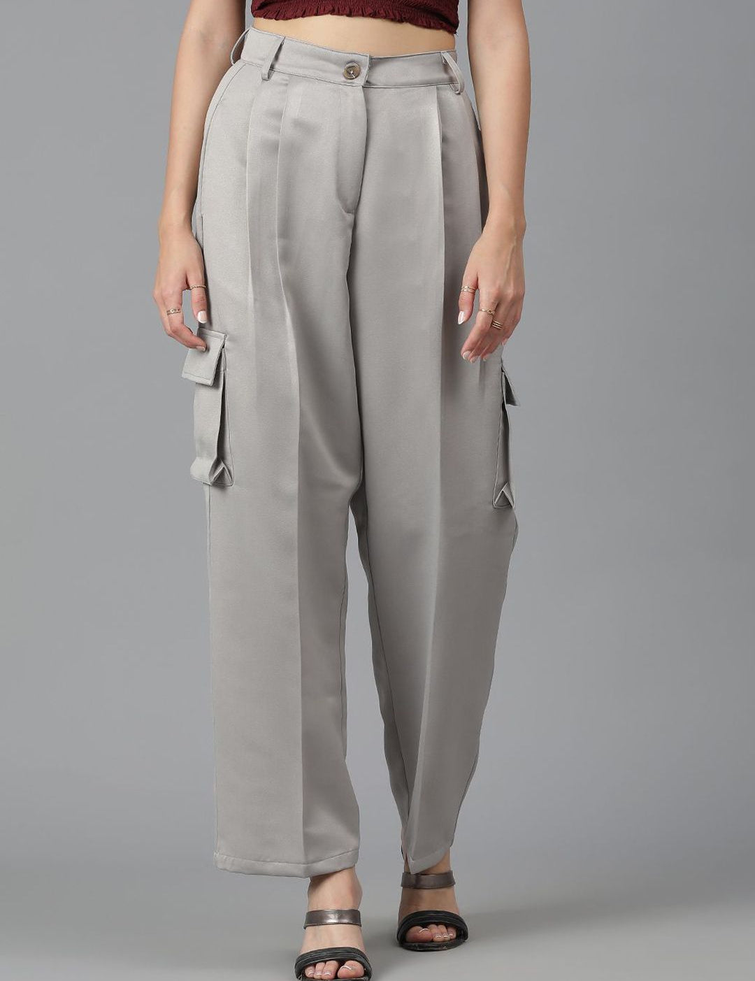 Kotty Women Straight Fit High-Rise Easy Wash Cargos Trousers