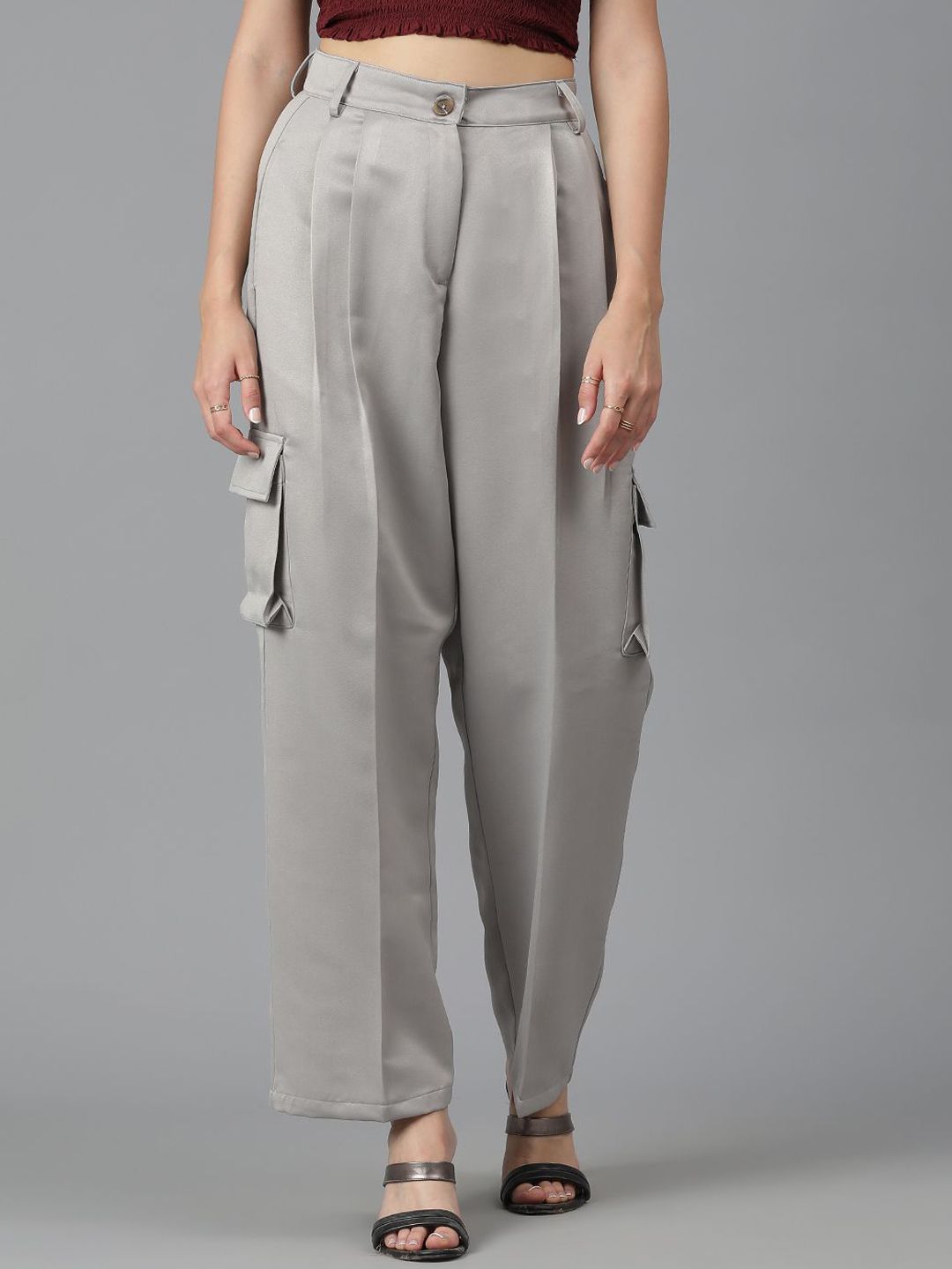 Kotty Women Straight Fit High-Rise Easy Wash Cargos Trousers