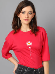 Kotty Red Typography Printed Drop-Shoulder Sleeves Oversized T-shirt