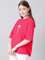 Kotty Floral Printed Round Neck Drop-Shoulder Sleeves Oversized Fit Cotton T-Shirt