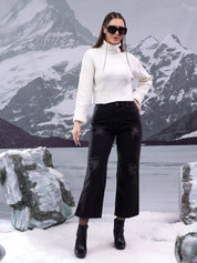 Kotty Women High Neck Striped Crop Pullover