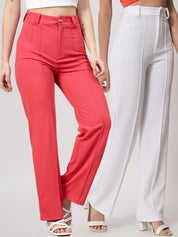 Kotty Women Pack Of 2 Relaxed Straight Leg High-Rise Easy Wash Trousers